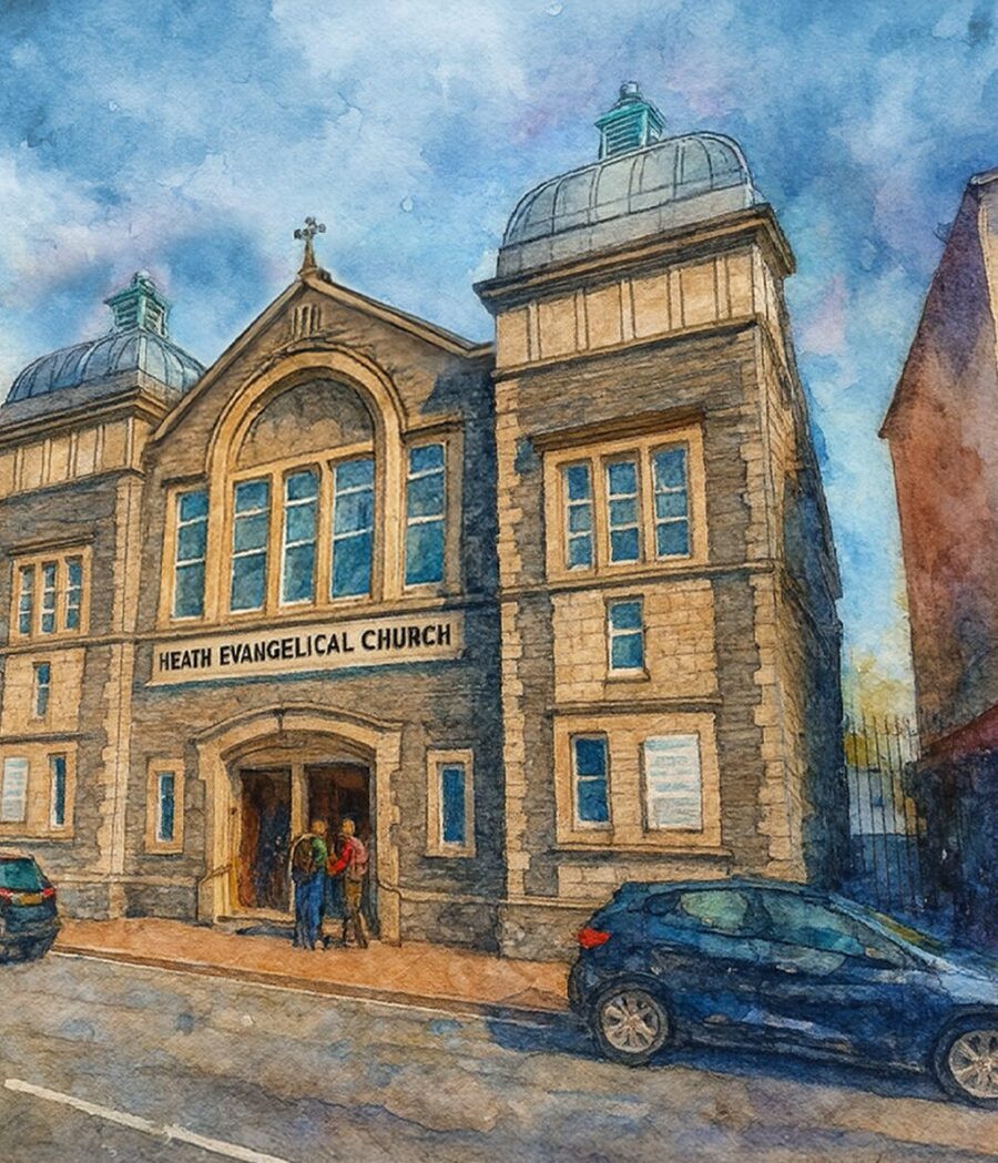 Watercolour of Heath Evangelical Church on Whitchurch Road